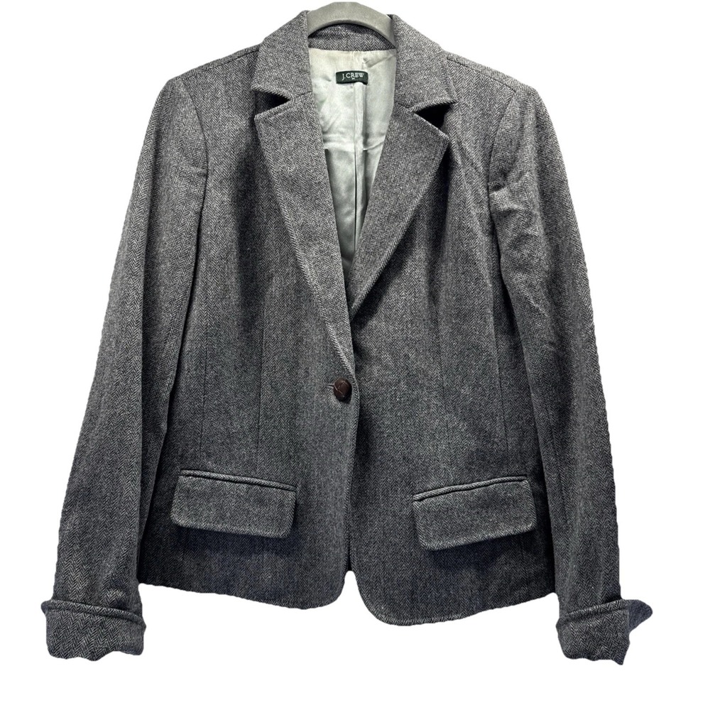 J.Crew Women Wool Blazer Sz 6 Gray Herringbone School Boy 1 Button Lined Pockets